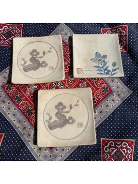 Vtg Set of 3 Japanese Floral Beige Ceramic Coasters
